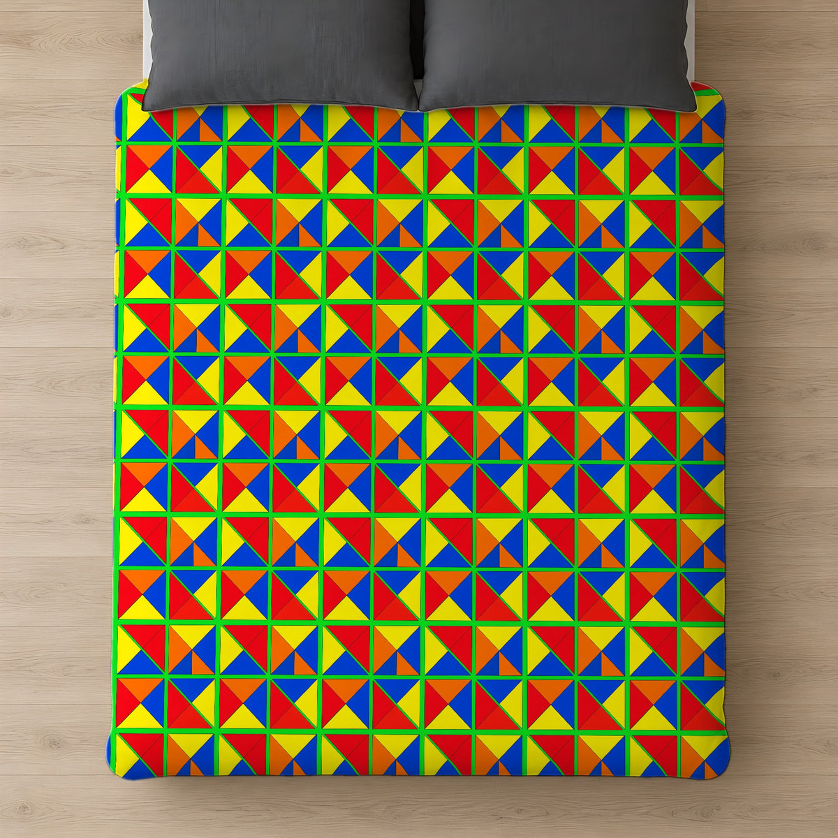 Split Square Fiesta Cotton Duvet Cover on a bed, seen from above