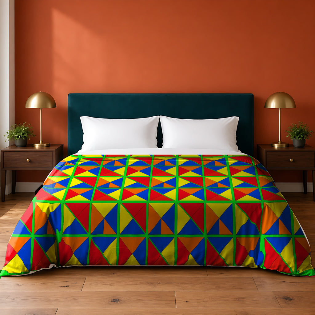 Split Square Fiesta cotton duvet cover in the Cubist Carnival palette, on a bed with a teal headboard against a terracotta wall