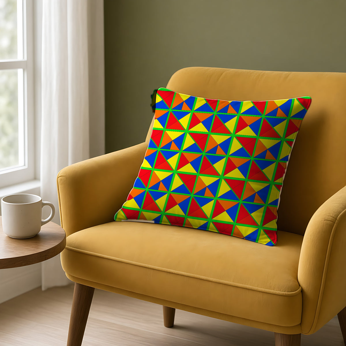 Split Square Fiesta Faux Suede Cushion on a mustard armchair by a window