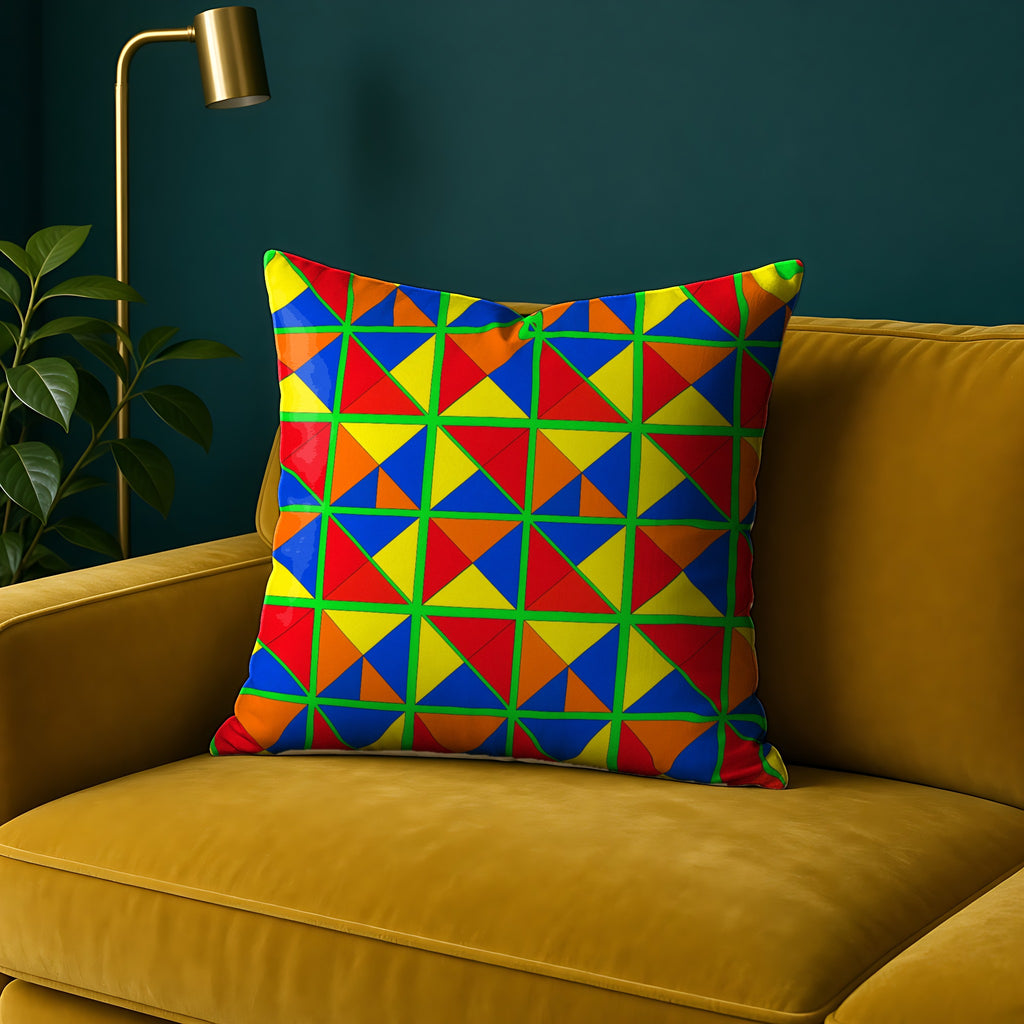 Split Square Fiesta faux suede cushion in the Cubist Carnival palette, on a mustard sofa against a teal wall