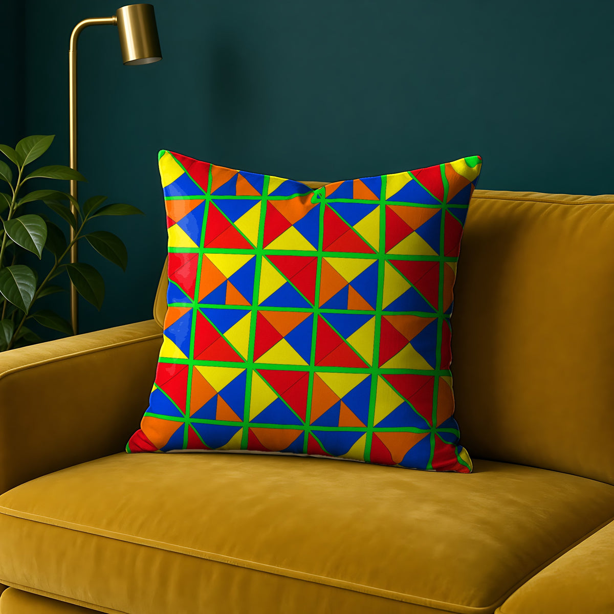 Split Square Fiesta faux suede cushion in the Cubist Carnival palette, on a mustard sofa against a teal wall