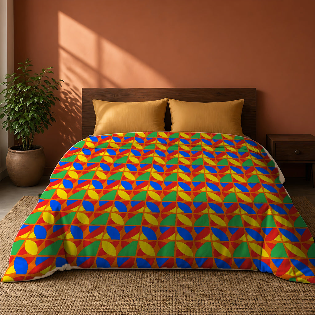 Cubist Arc Fragments Comforter on a king bed against a warm terracotta wall