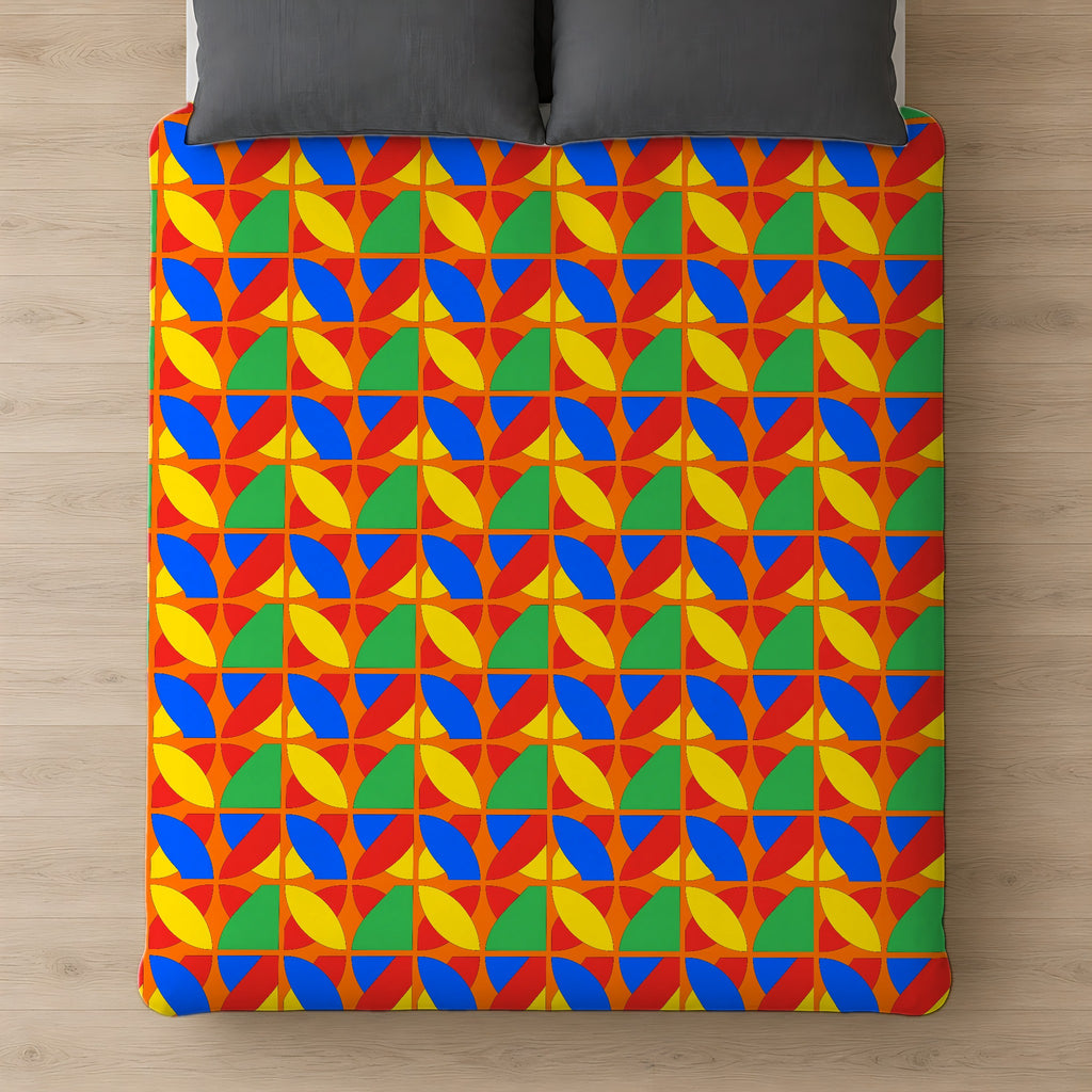 Cubist Arc Fragments Cotton Duvet Cover on a bed, seen from above