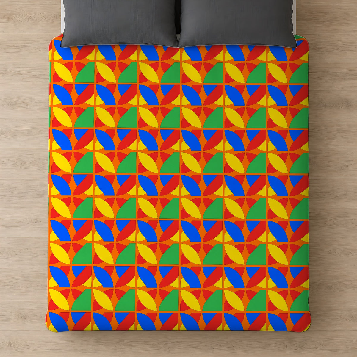 Cubist Arc Fragments Cotton Duvet Cover on a bed, seen from above