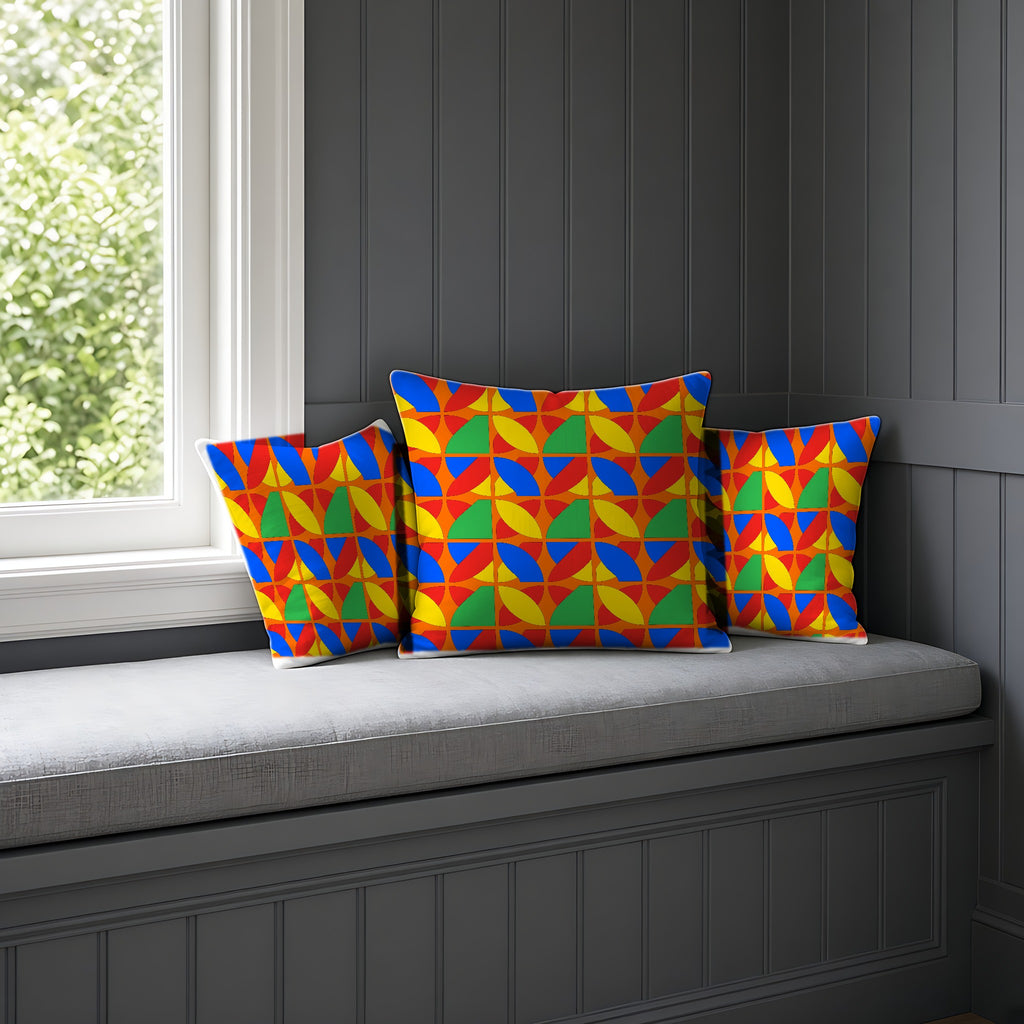Cubist Arc Fragments Faux Suede Cushion on a window seat
