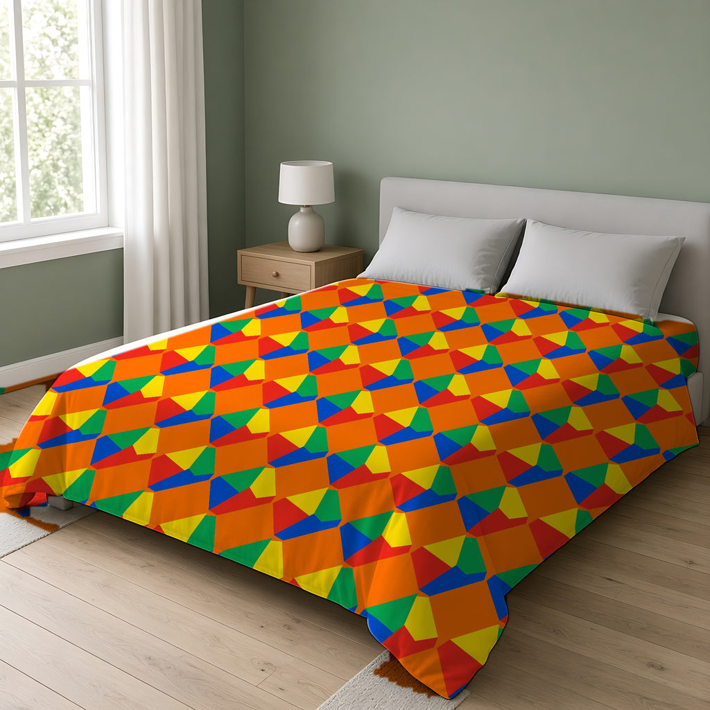 Grand Fractured Rhombus Cotton Duvet Cover on a double bed in a bright sage-green bedroom