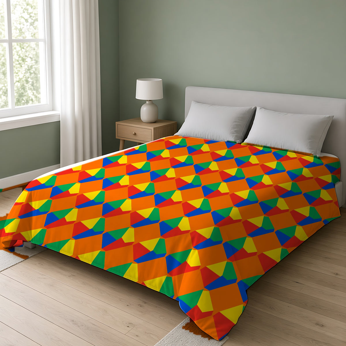 Grand Fractured Rhombus Cotton Duvet Cover on a double bed in a bright sage-green bedroom