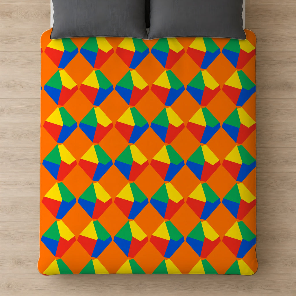 Grand Fractured Rhombus Cotton Duvet Cover on a bed, seen from above