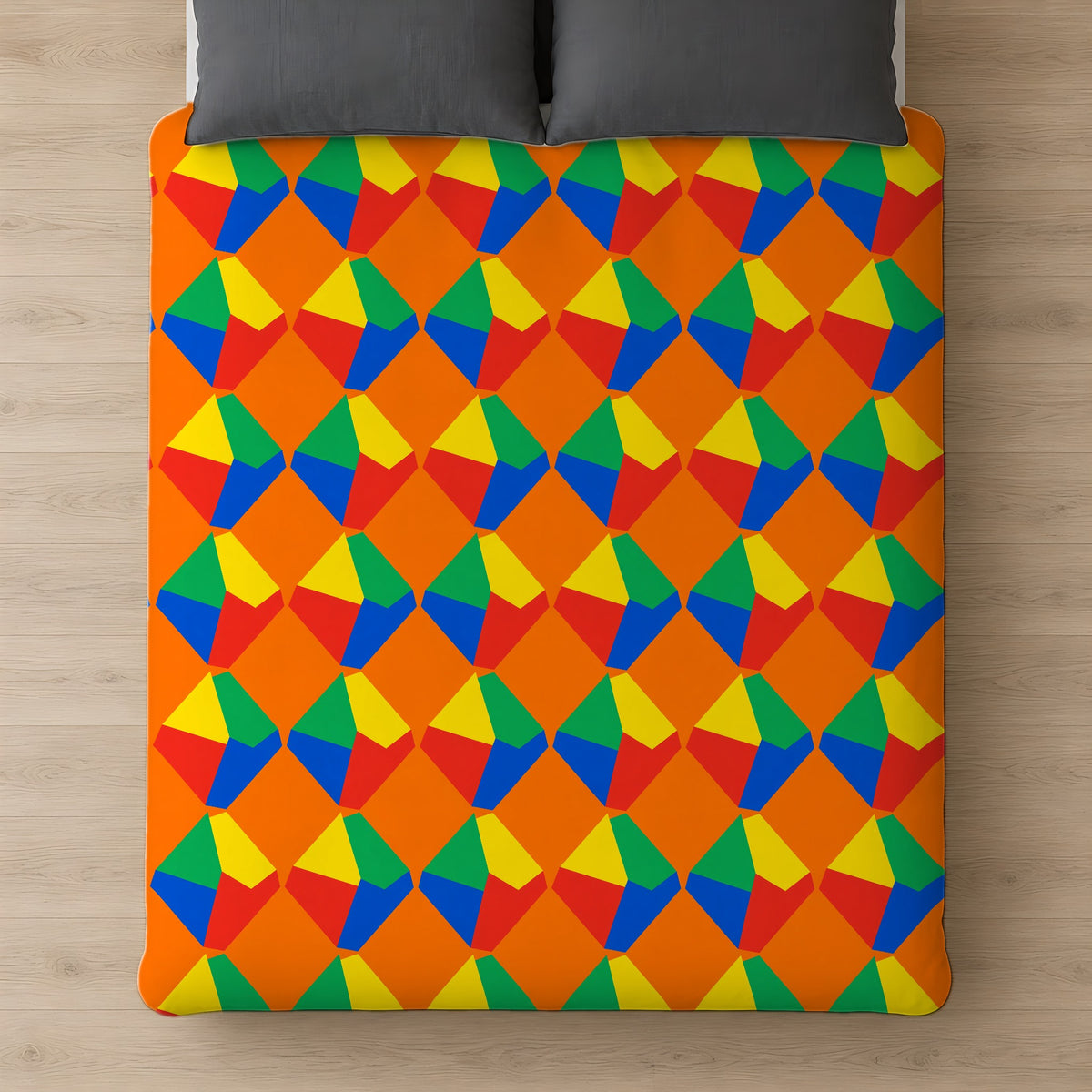 Grand Fractured Rhombus Cotton Duvet Cover on a bed, seen from above