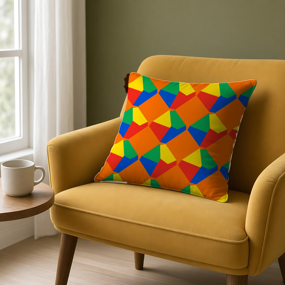 Grand Fractured Rhombus Faux Suede Cushion on a mustard armchair by a window