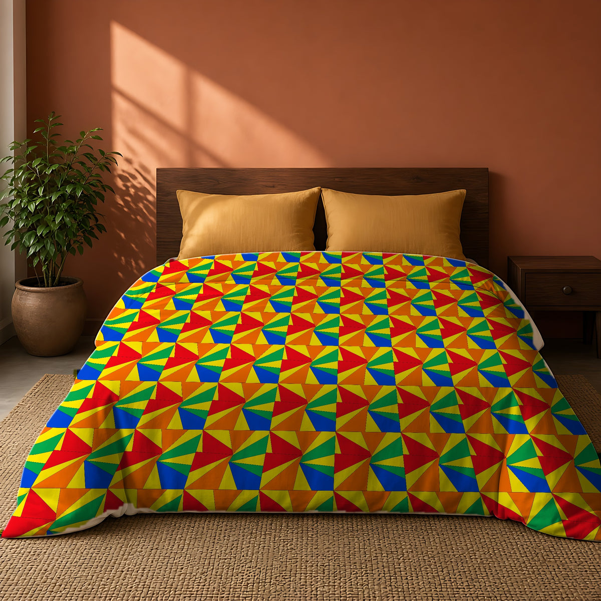 Cubist Sunburst Blocks Comforter on a king bed against a warm terracotta wall