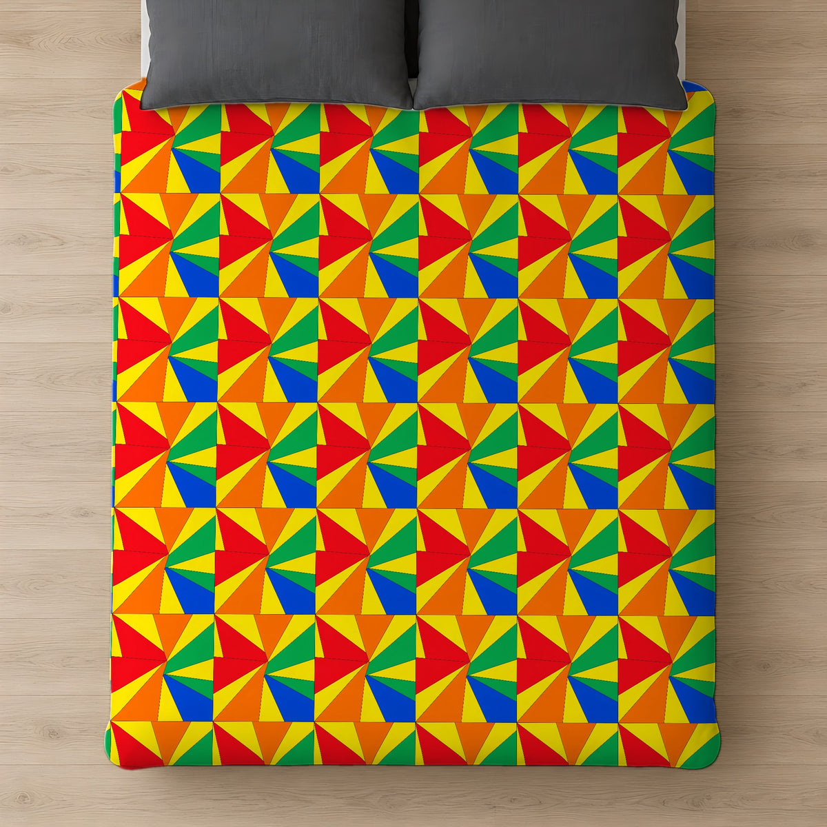 Cubist Sunburst Blocks Comforter on a bed, seen from above