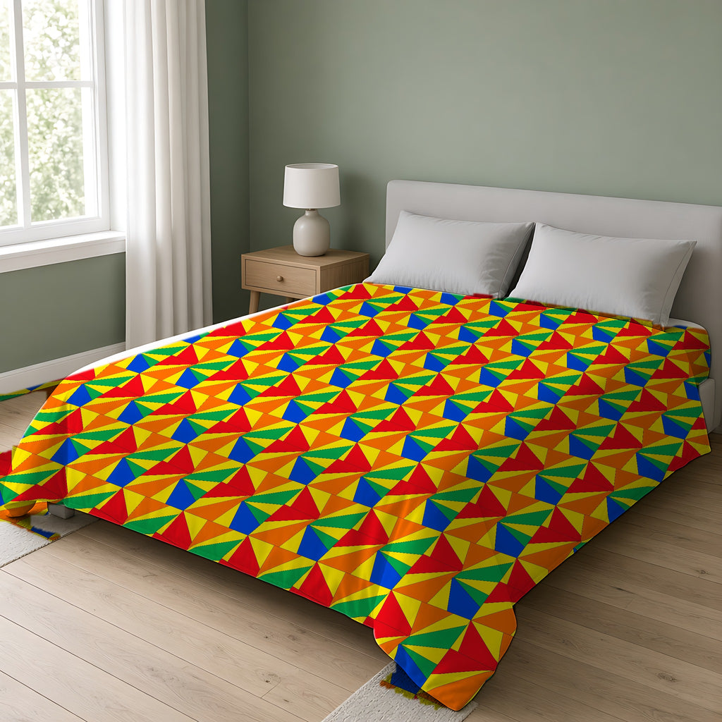 Cubist Sunburst Blocks Cotton Duvet Cover on a double bed in a bright sage-green bedroom