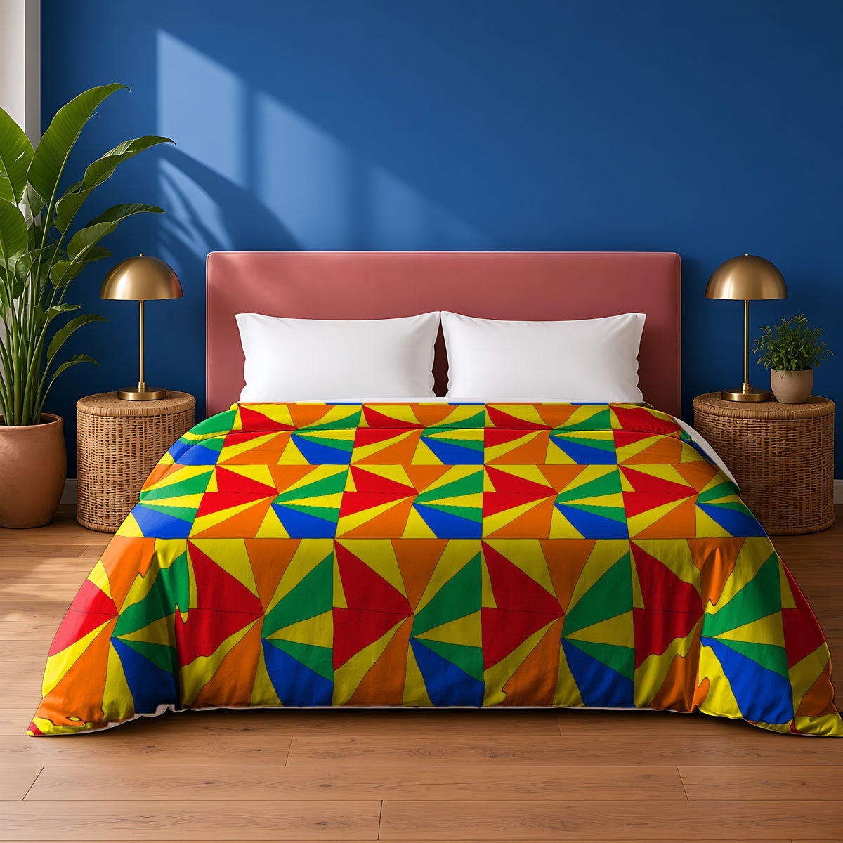 Cubist Sunburst Blocks cotton duvet cover in the Cubist Carnival palette, on a bed with a dusty-pink headboard against a cobalt wall