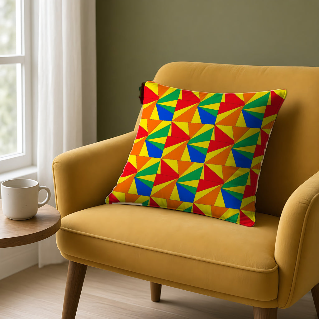 Cubist Sunburst Blocks Faux Suede Cushion on a mustard armchair by a window