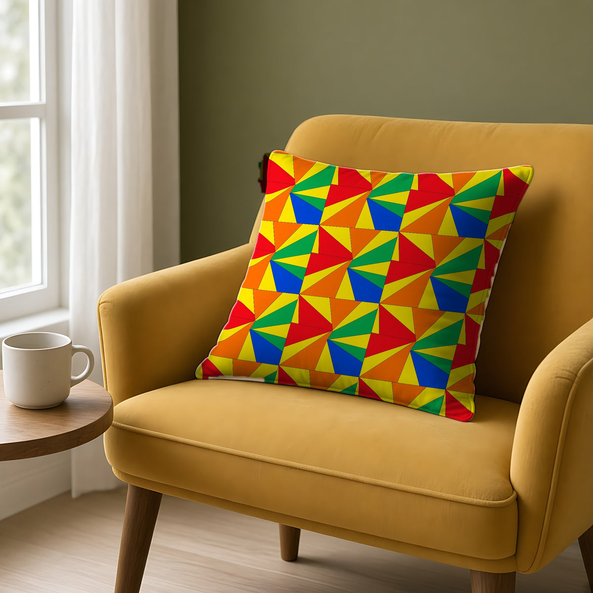 Cubist Sunburst Blocks Faux Suede Cushion on a mustard armchair by a window