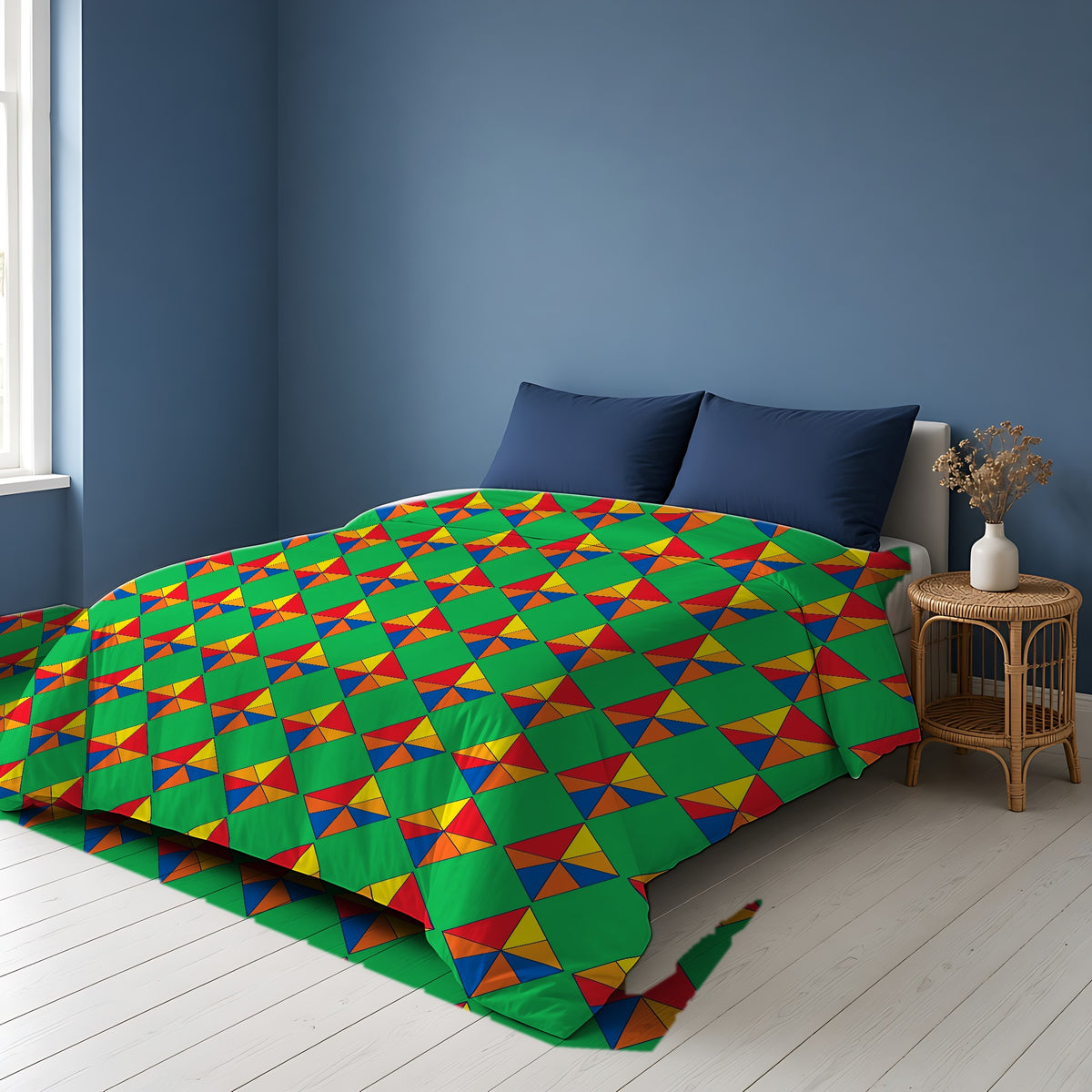Cubist Kite Quartet Comforter on a bed in a Scandinavian blue bedroom