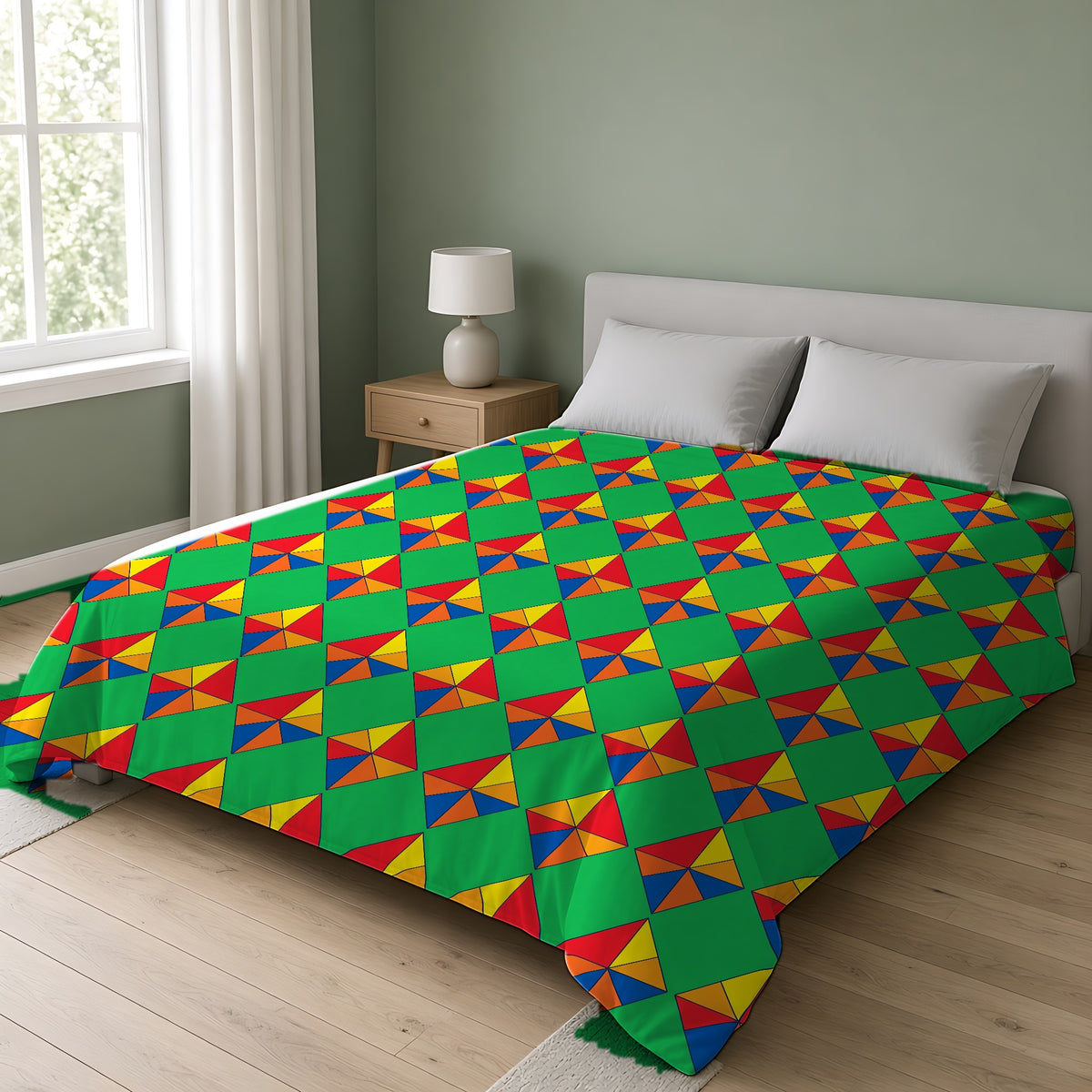 Cubist Kite Quartet Cotton Duvet Cover on a double bed in a bright sage-green bedroom