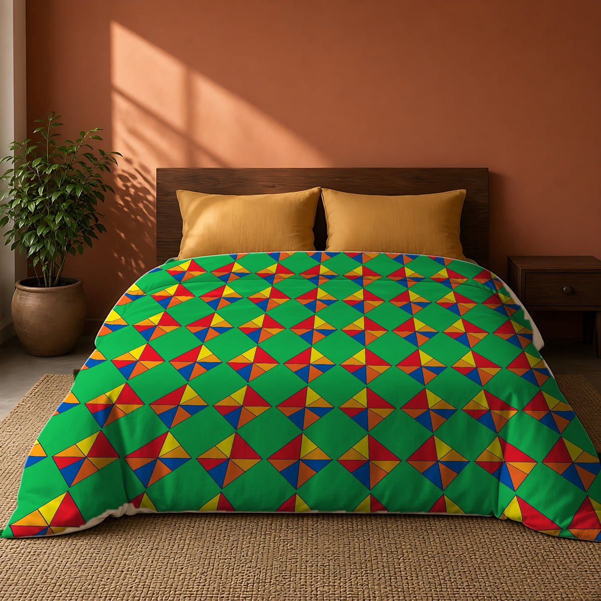 Cubist Kite Quartet Cotton Duvet Cover on a king bed against a warm terracotta wall