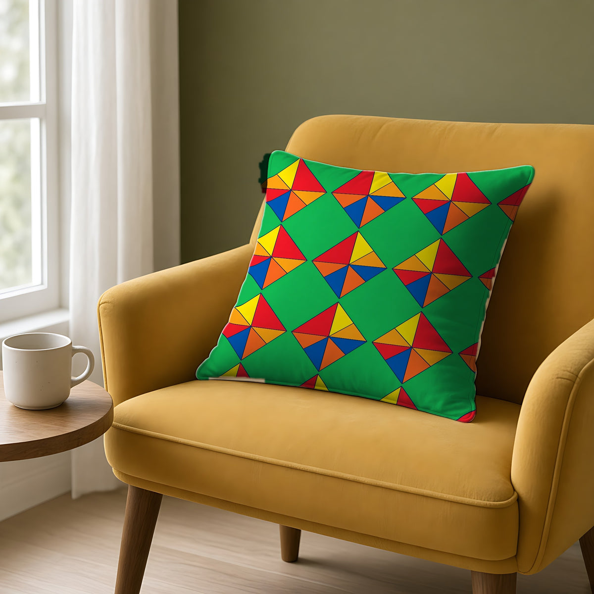 Cubist Kite Quartet Faux Suede Cushion on a mustard armchair by a window