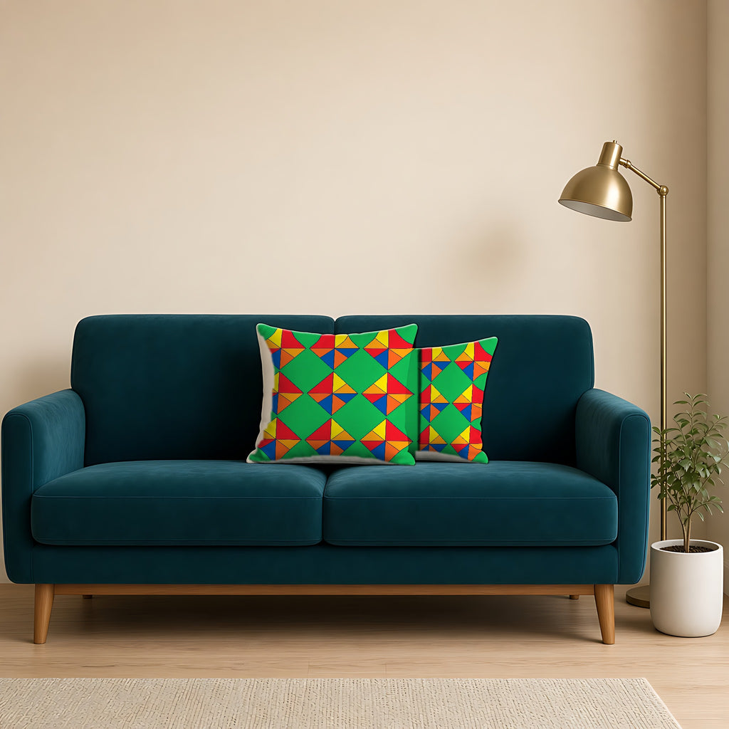 Cubist Kite Quartet Faux Suede Cushion on a teal velvet sofa