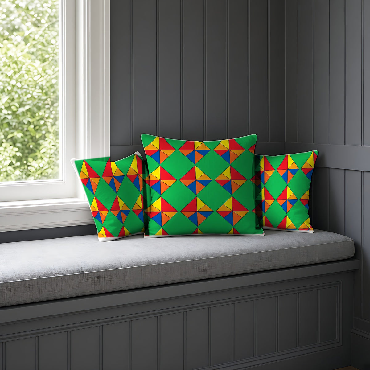 Cubist Kite Quartet Faux Suede Cushion on a window seat