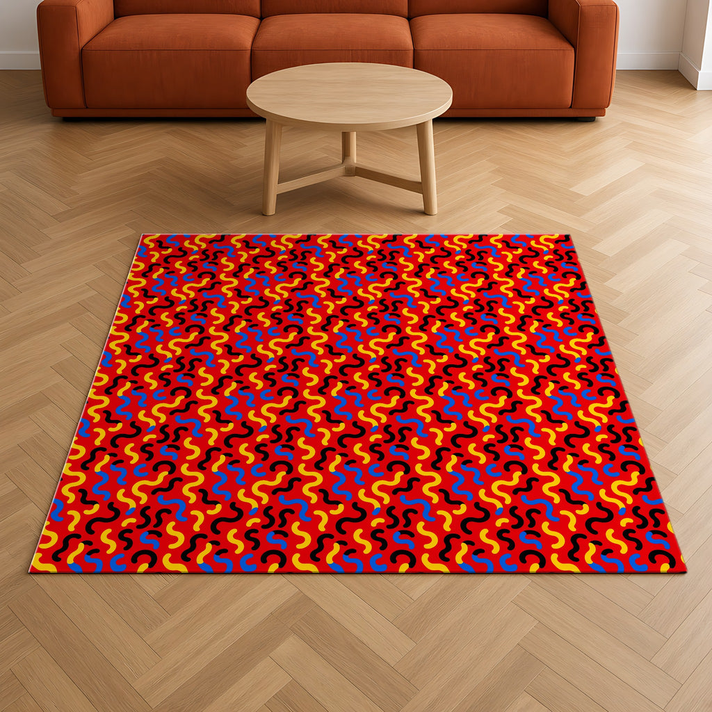 Squiggle Red Outdoor Rug on a herringbone wood floor in a living room