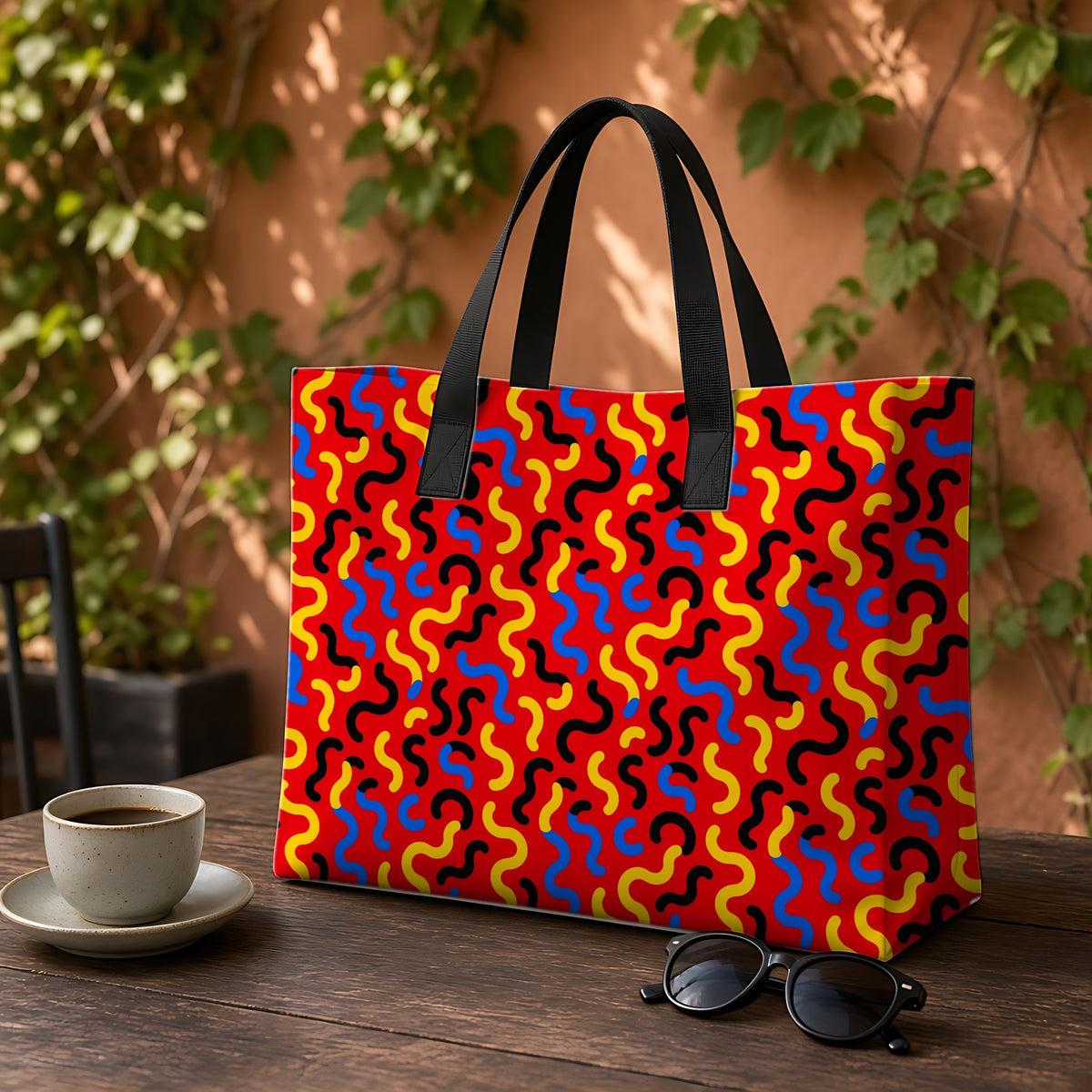 Squiggle Red Weekender Tote Bag on a garden café table