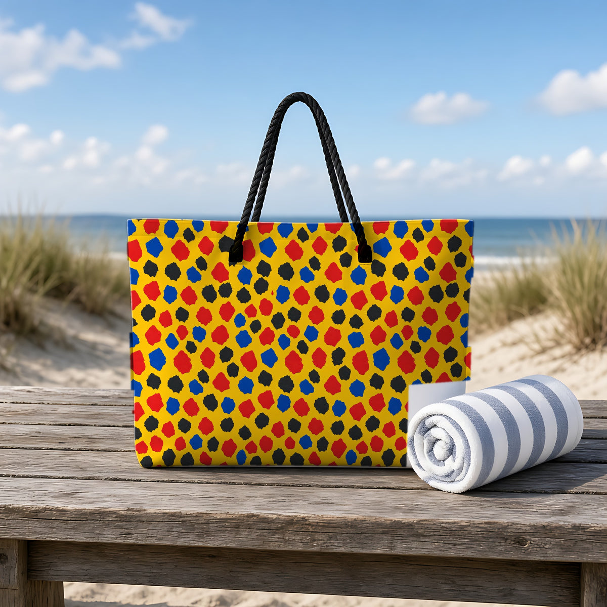 Confetti Scraps Yellow Weekender Tote Bag on a rustic table by the beach