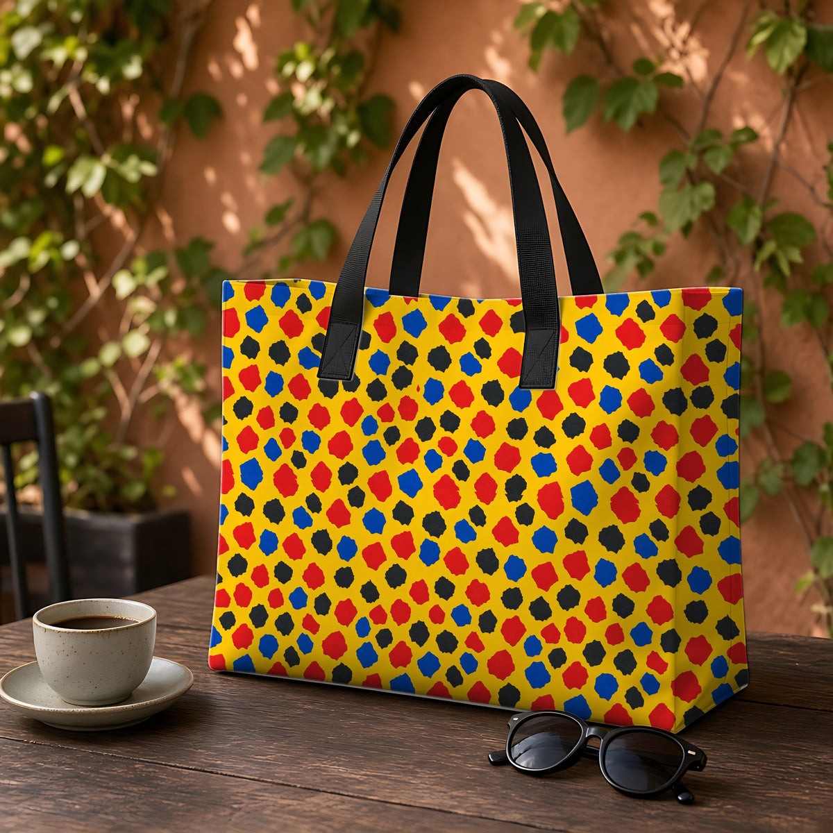 Confetti Scraps Yellow Weekender Tote Bag on a garden café table