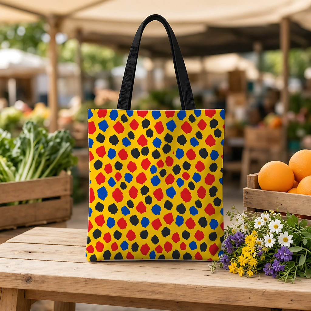Confetti Scraps Yellow Weekender Tote Bag on a wooden bench at a farmers market