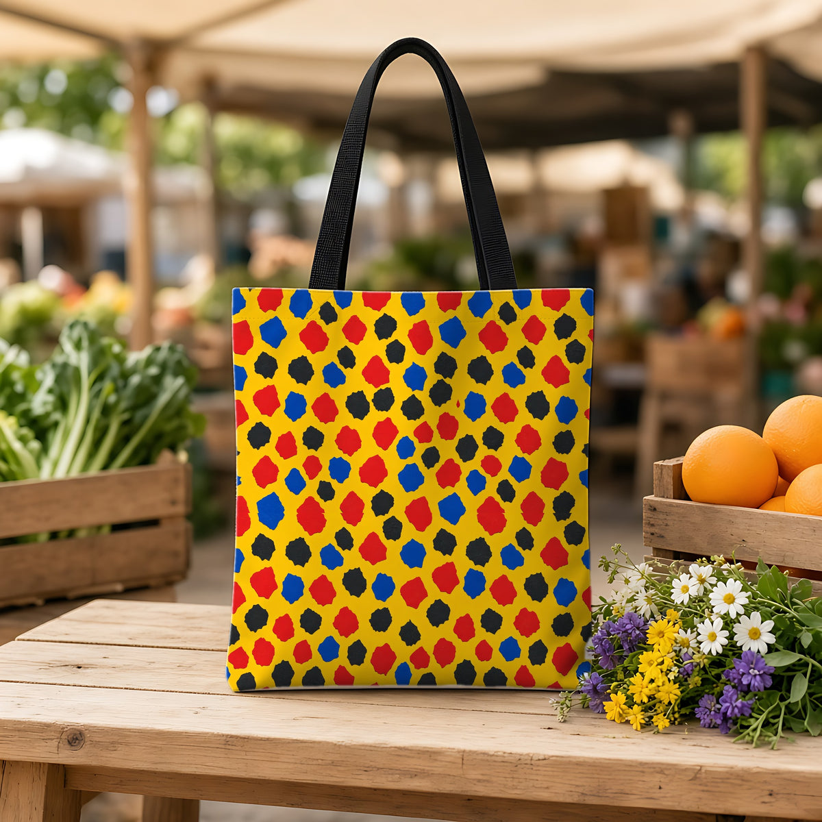 Confetti Scraps Yellow Weekender Tote Bag on a wooden bench at a farmers market