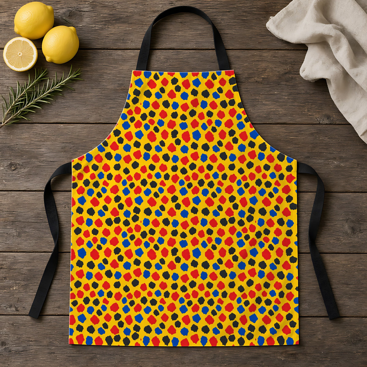 Confetti Scraps Yellow Apron laid flat on a rustic wooden table