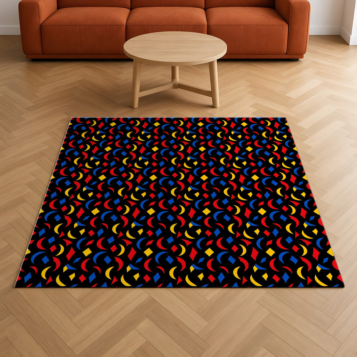 Crescent Scatter Outdoor Rug on a herringbone wood floor in a living room