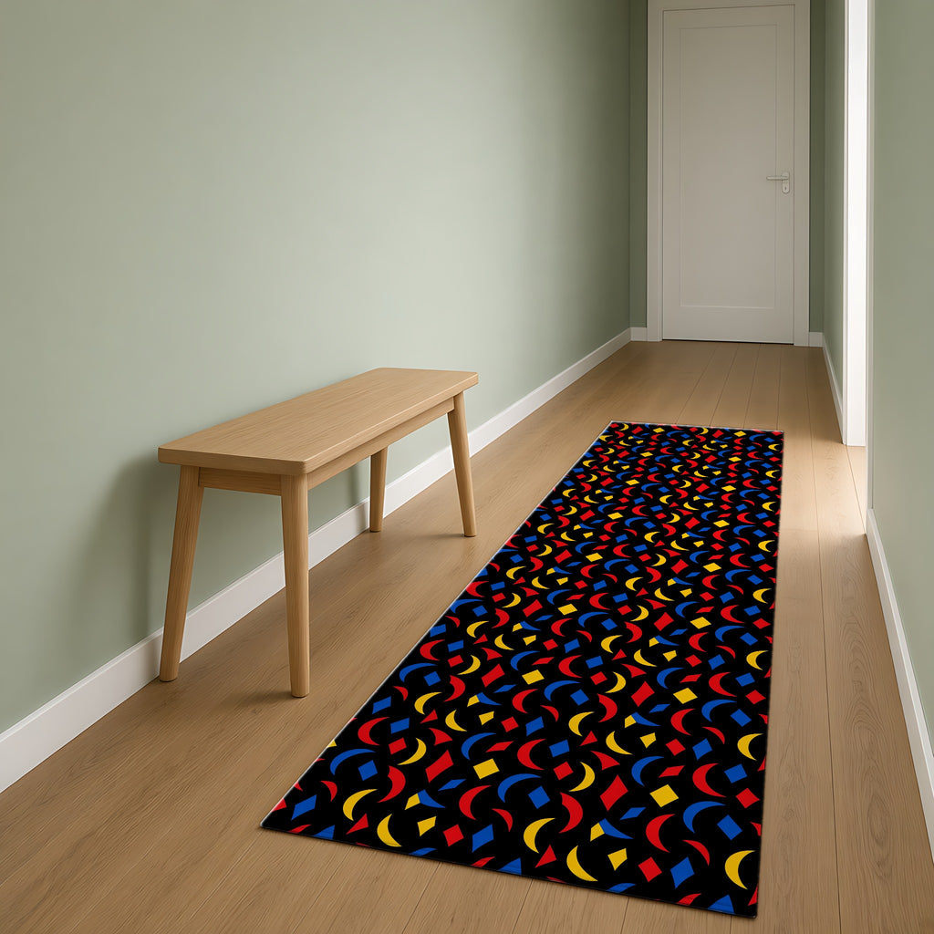 Crescent Scatter Outdoor Rug as a runner in a sage-green hallway
