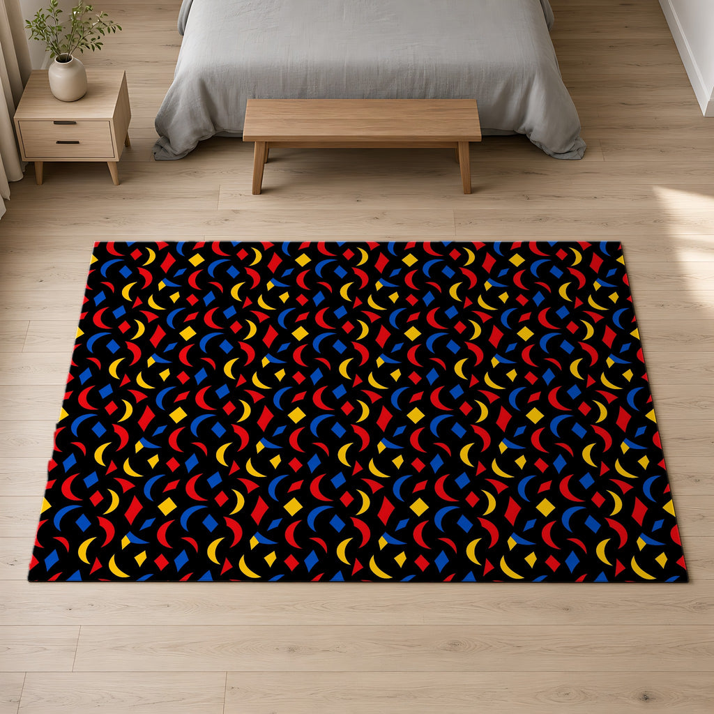 Crescent Scatter Outdoor Rug on a pale oak floor in a calm bedroom