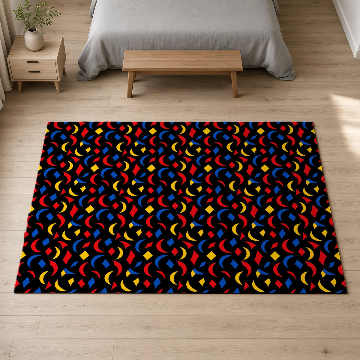 Crescent Scatter Outdoor Rug on a pale oak floor in a calm bedroom