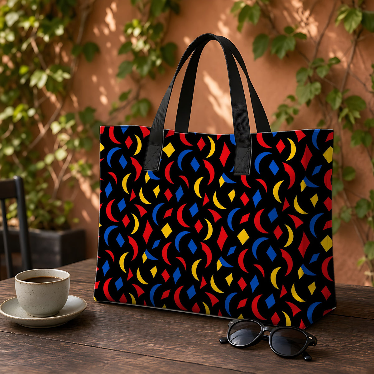 Crescent Scatter Weekender Tote Bag on a garden café table