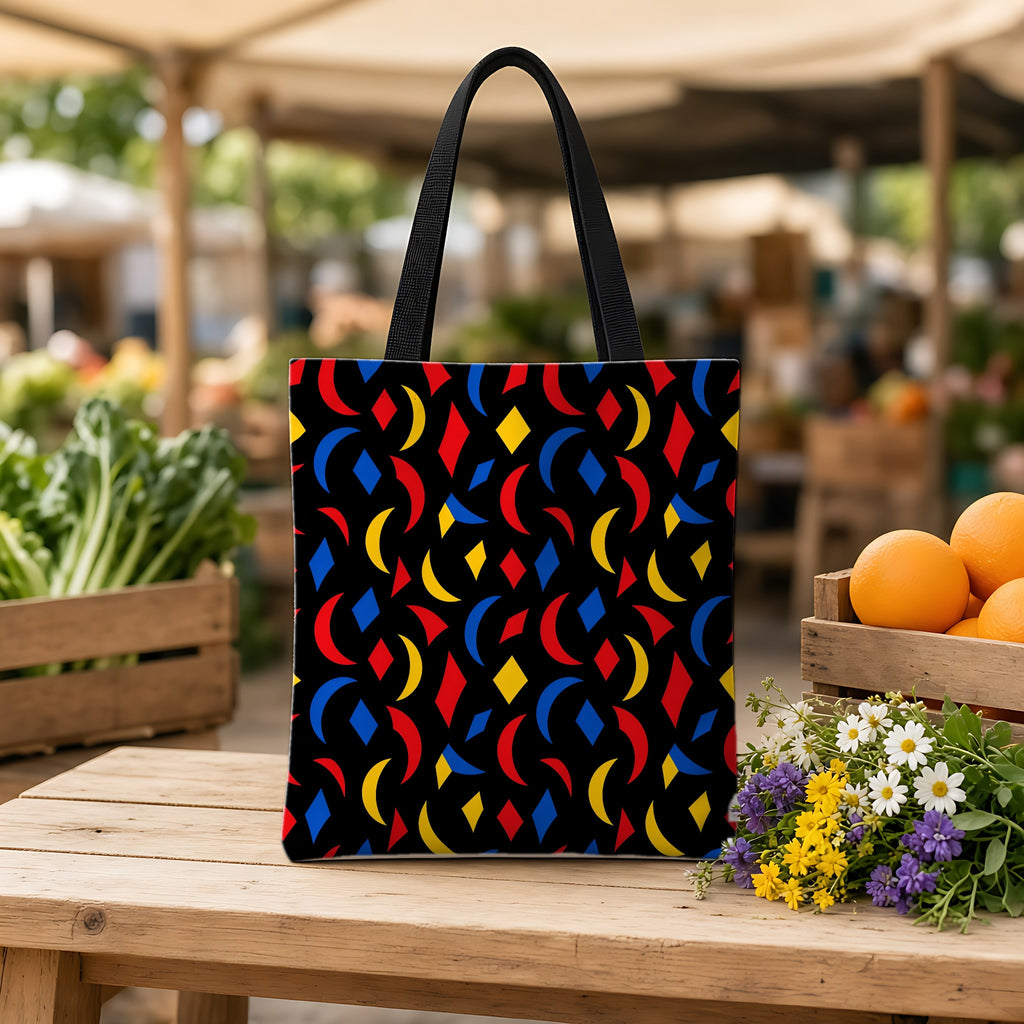Crescent Scatter Weekender Tote Bag on a wooden bench at a farmers market