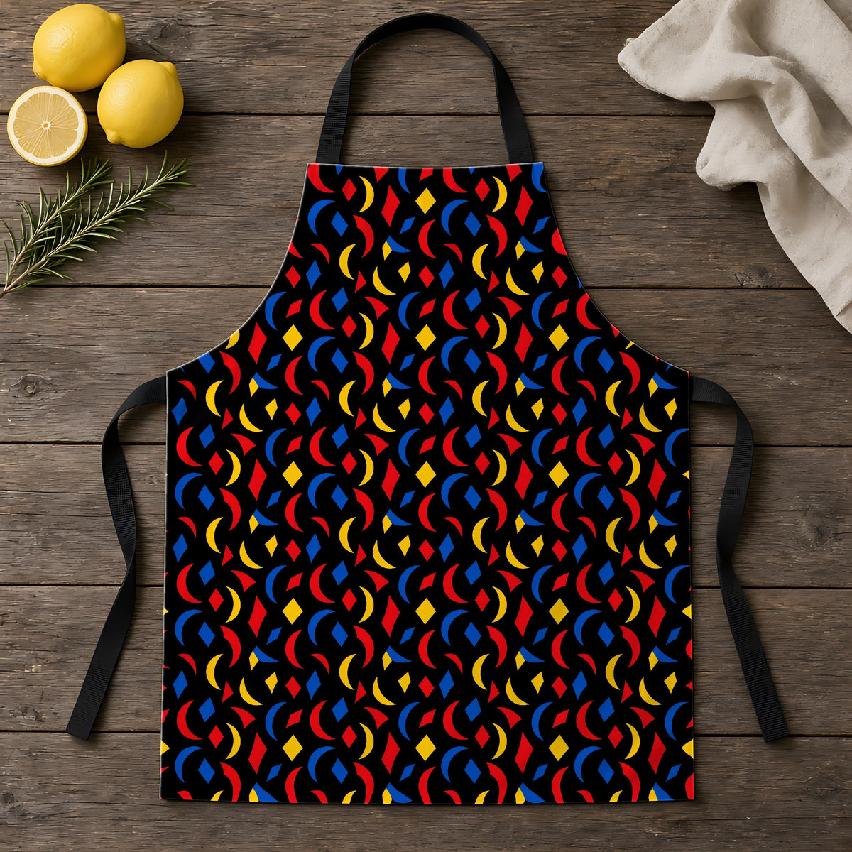 Crescent Scatter Apron laid flat on a rustic wooden table