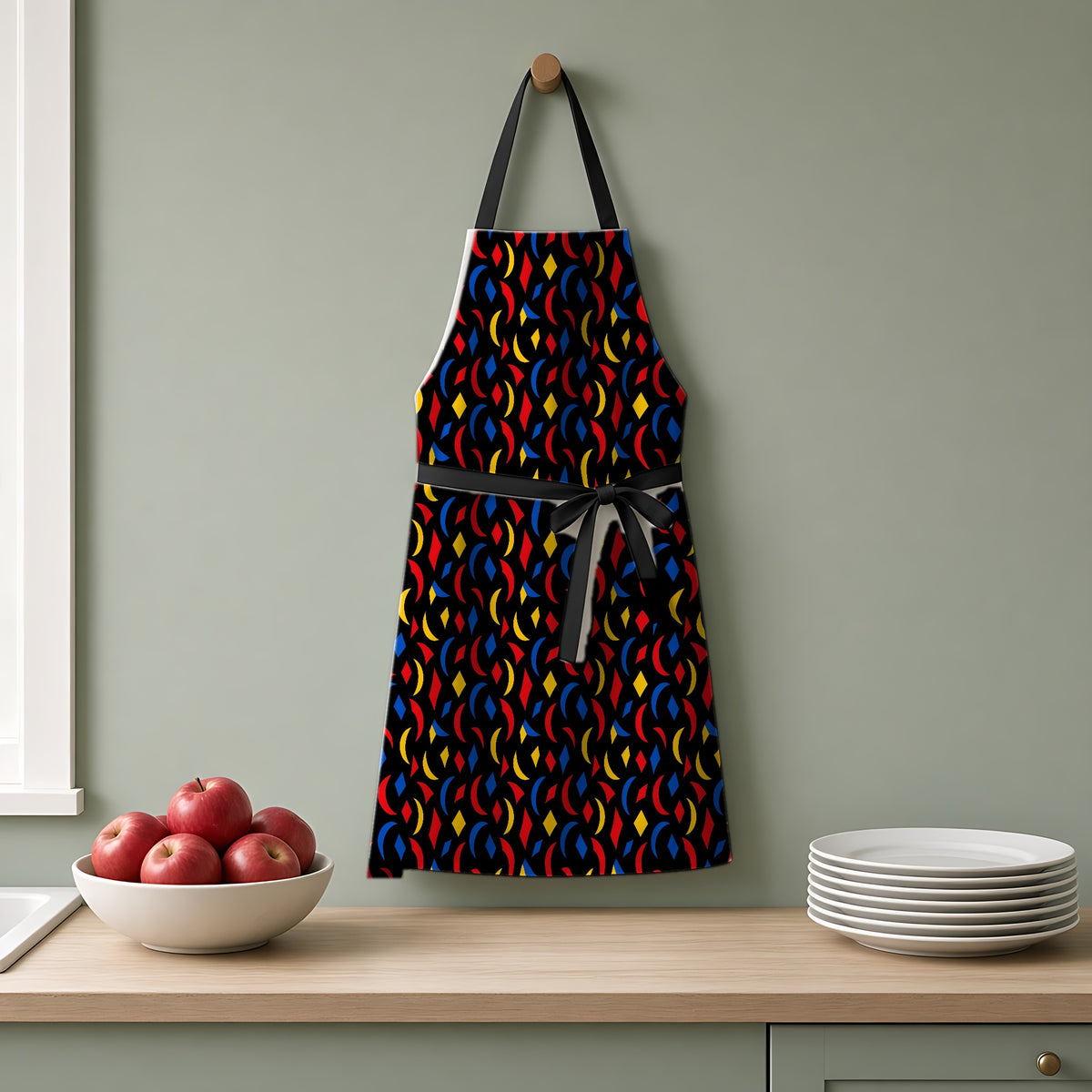 Crescent Scatter Apron hanging on a sage-green kitchen wall