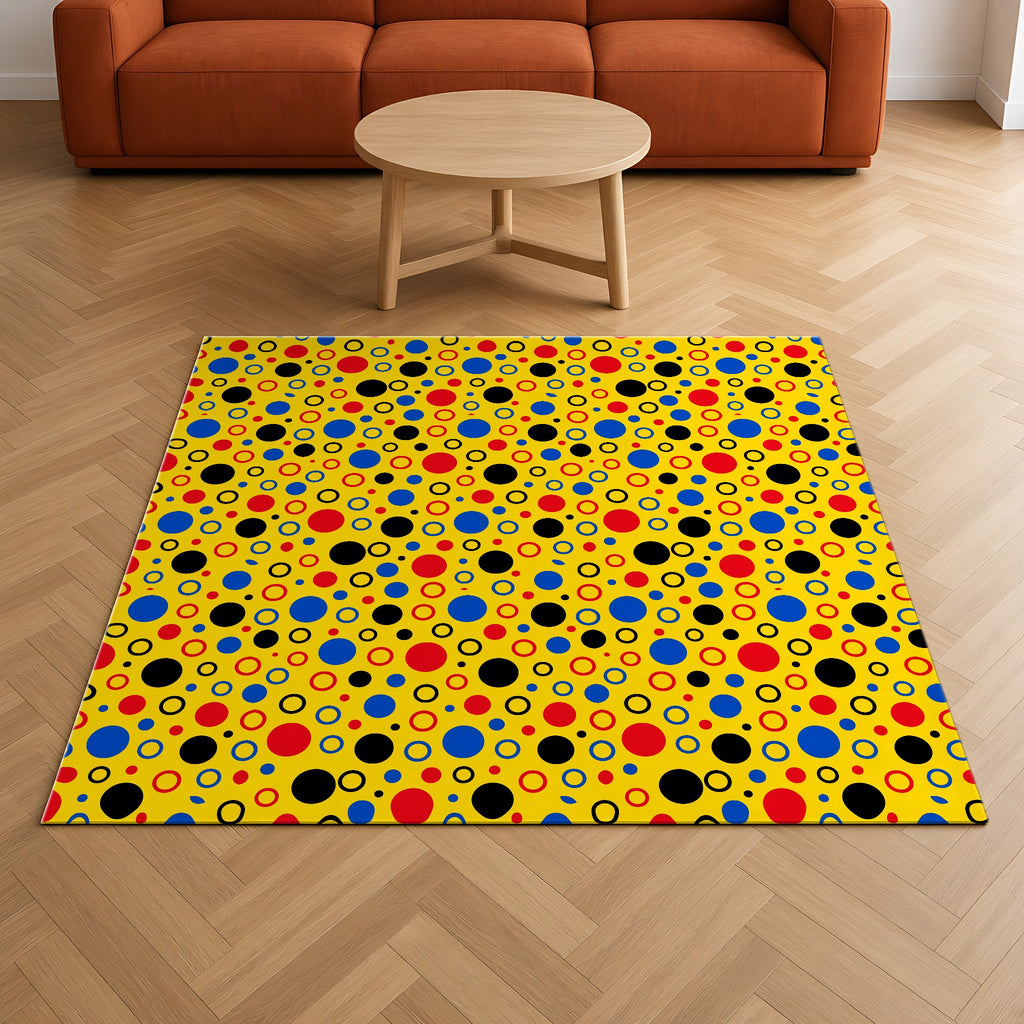 Bubble Outlines Outdoor Rug on a herringbone wood floor in a living room