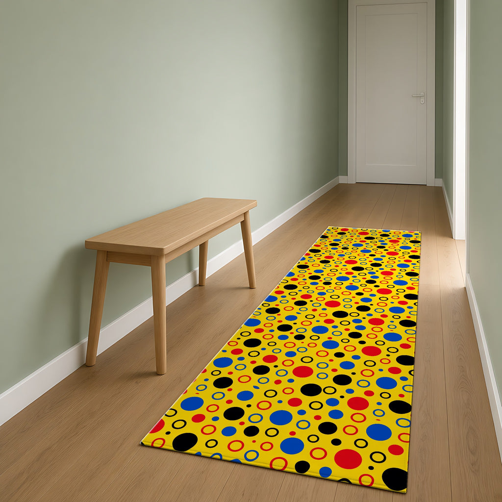 Bubble Outlines Outdoor Rug as a runner in a sage-green hallway