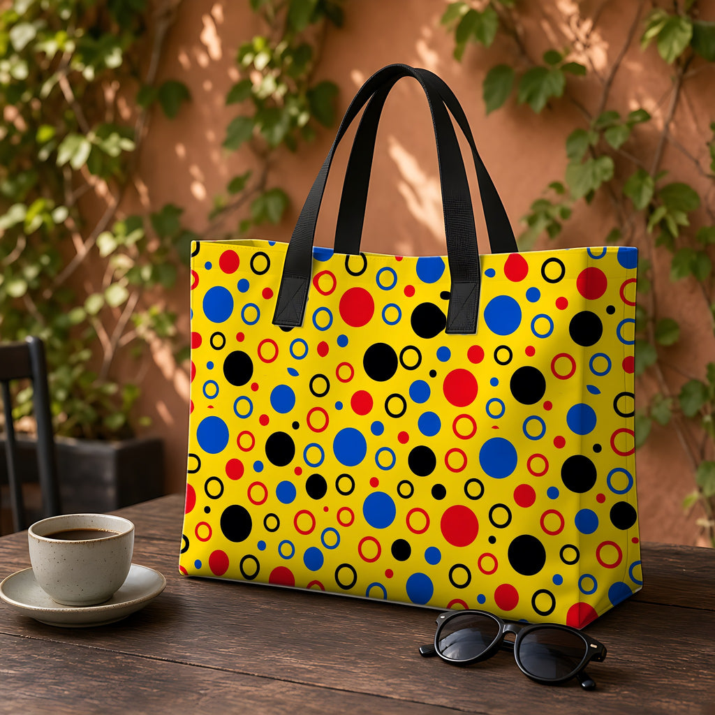 Bubble Outlines Weekender Tote Bag on a garden café table