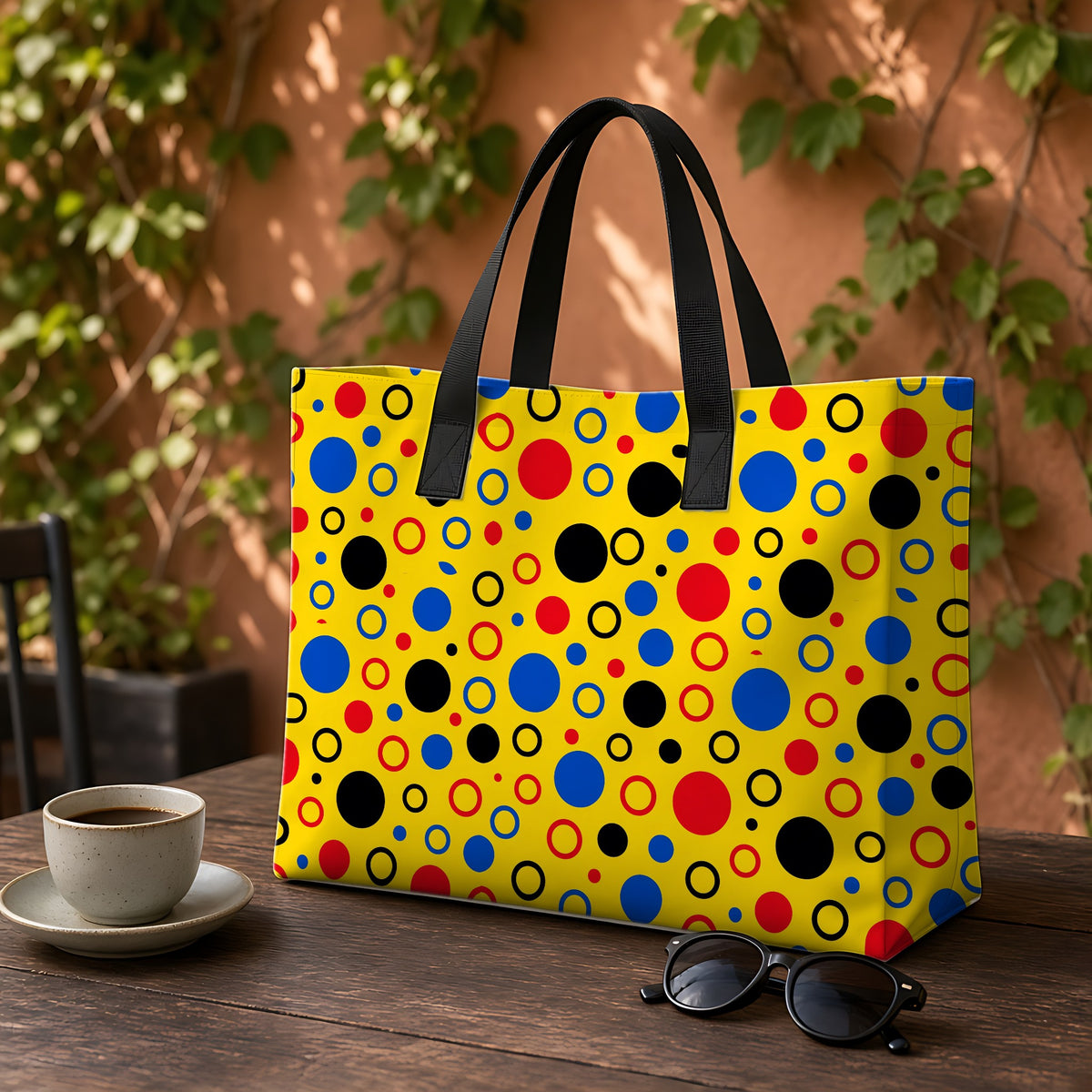 Bubble Outlines Weekender Tote Bag on a garden café table