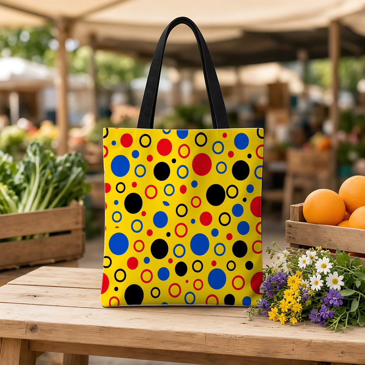 Bubble Outlines Weekender Tote Bag on a wooden bench at a farmers market