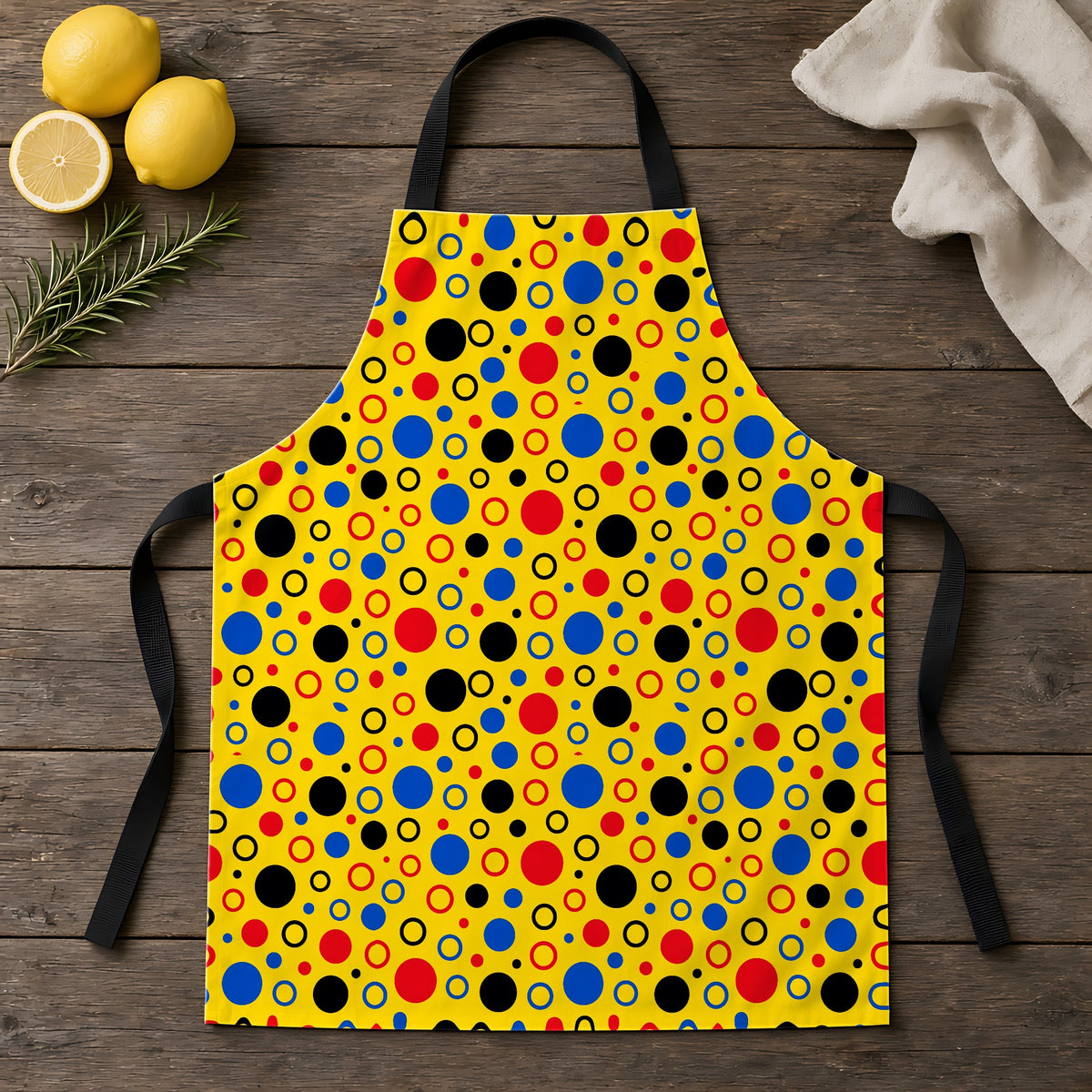 Bubble Outlines Apron laid flat on a rustic wooden table