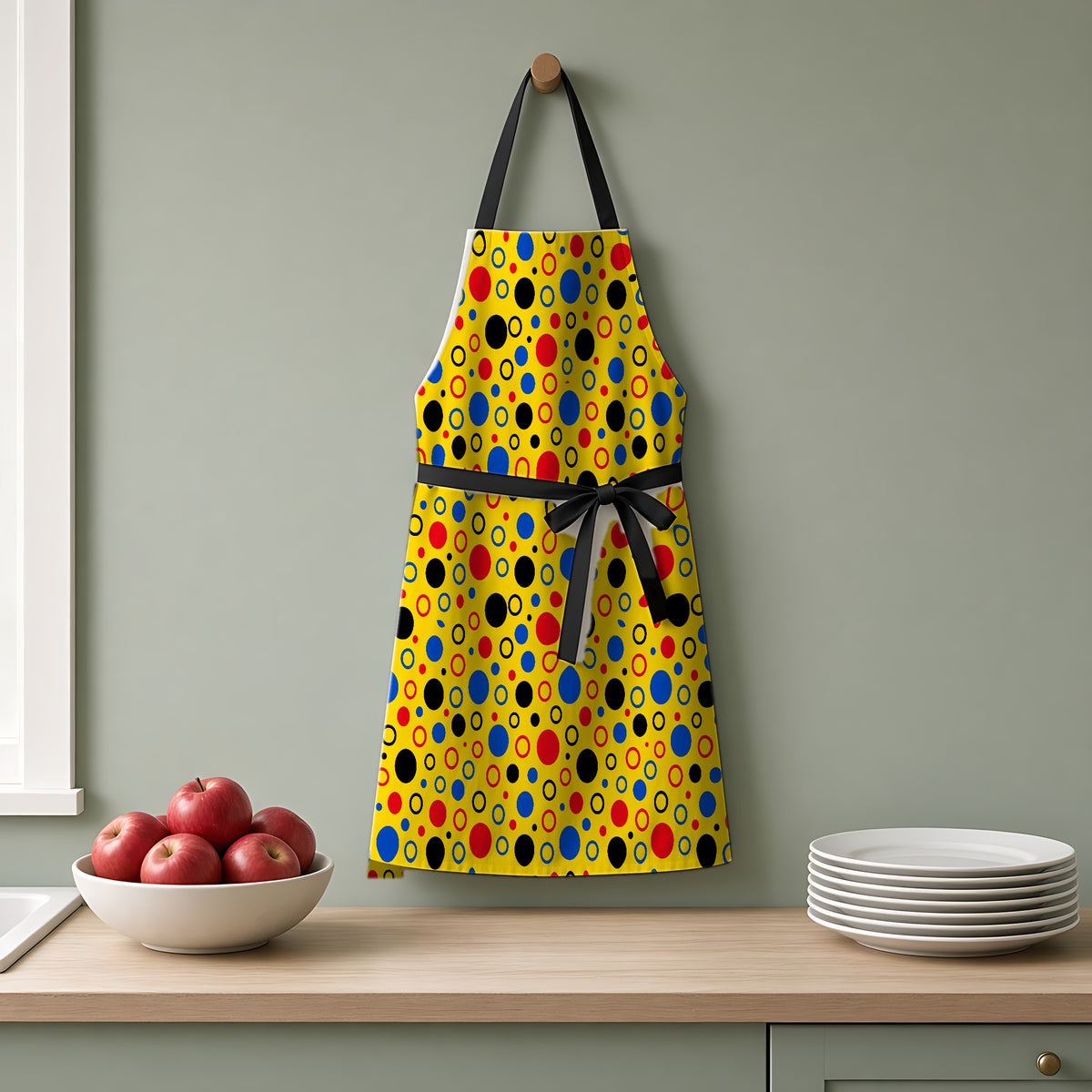 Bubble Outlines Apron hanging on a sage-green kitchen wall