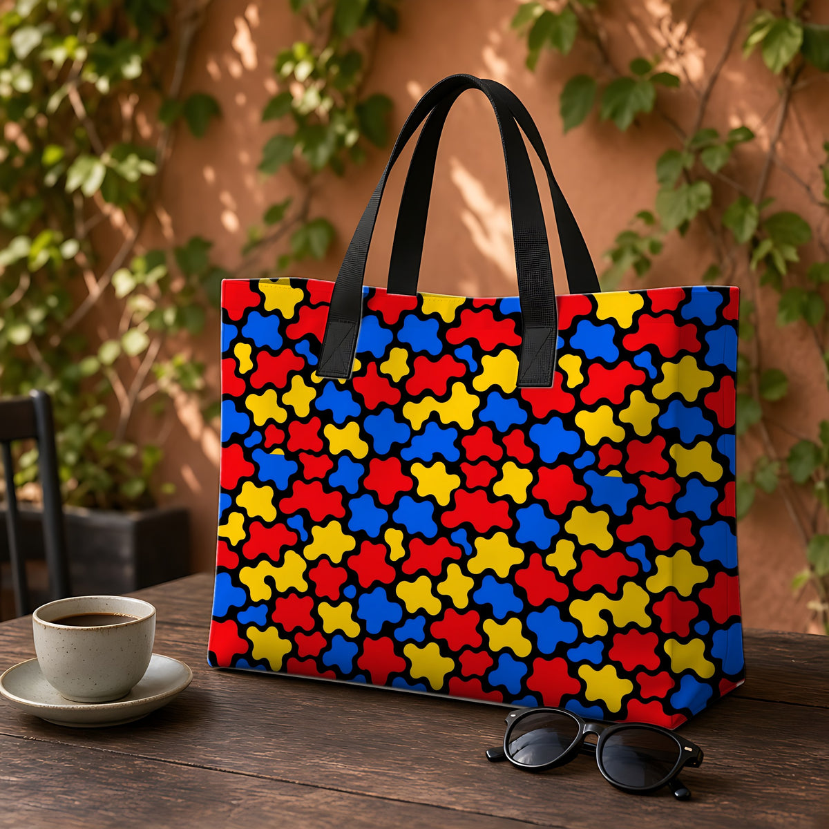 Blob Black Weekender Tote Bag on a garden café table
