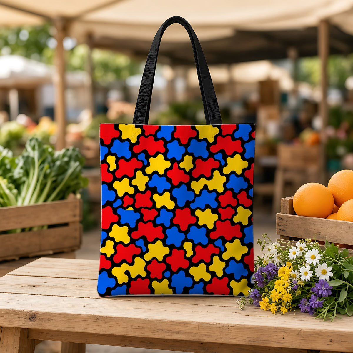 Blob Black Weekender Tote Bag on a wooden bench at a farmers market